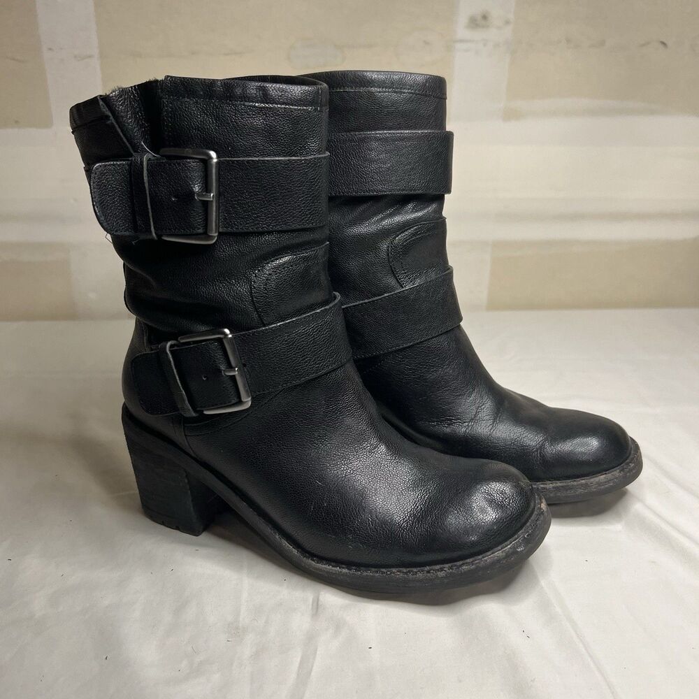 Sam Edelman Womens Black Leather Double Buckle Moto Biker Boots Size 7